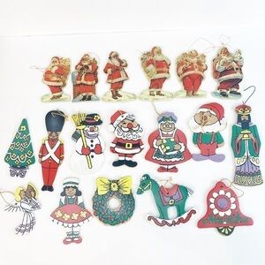 18 Total Vintage Ornaments 6 Merrimack 1987 Die Cut Santa & 12 Wood Dbl Sided